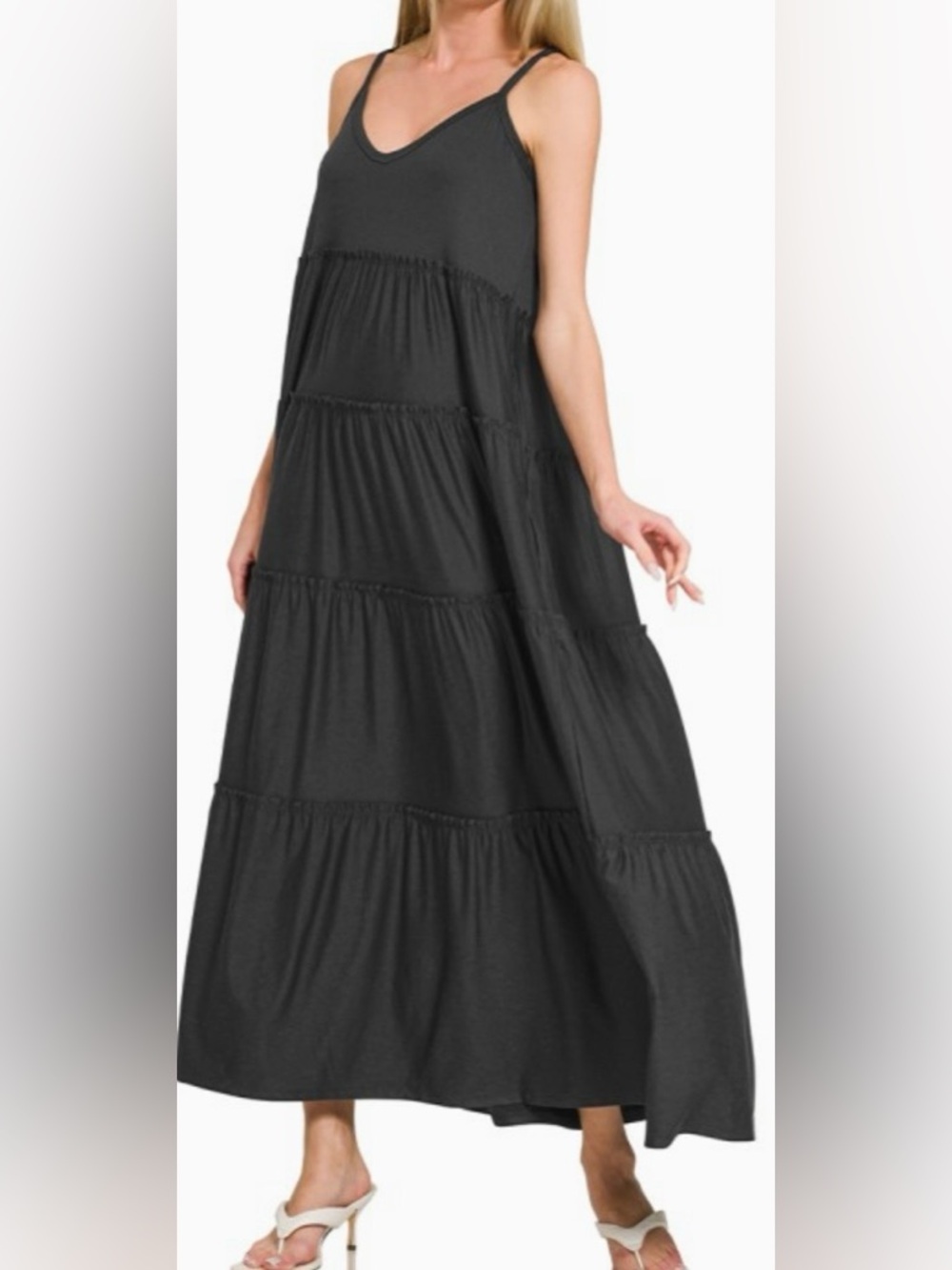 Zenana Outfitters Black Tiered Maxi Dress with Spaghetti Straps - Picture 2 of 3
